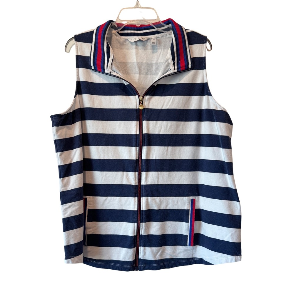 Sport Savvy Vest Womens 1X Full Zip Striped Navy White Nautical Red Trim